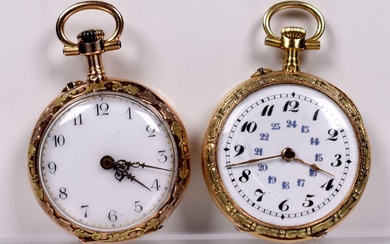 Deux montres de col en or jaune 18K 750/1000e. Cache poussières en or jaune. Poids...