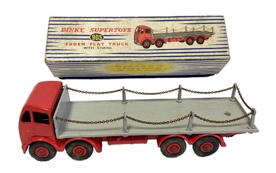 Dinky Supertoys diecast vehicles including Foden Flatbed Truck with chains No.905, Blaw Knox Heavy Tractor No.963 (tracks perished) & Dinky Toys Foden diesel 8-wheel wagon No.901, all boxed (3)