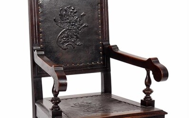 (-), Dark stained oak armchair with stitching in...