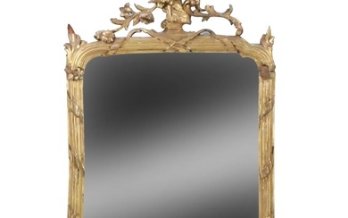 Early 19th C. Louis XVI Carved Wood Frame Wall Mirror in Gold Gilt Finish, Cornucopia Crest