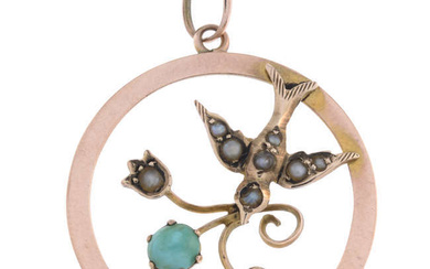 Early 20th century 9ct gold turquoise & seed pearl swallow pendant
