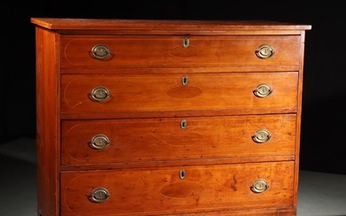 Early American Hepplewhite cherry wood chest of four graduated drawers with line and medallion inlay