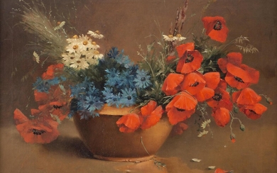 Edgar Mabboux (né en 1932), "Nature morte aux fleurs des champs : coquelicots, bleuets, marguerites"