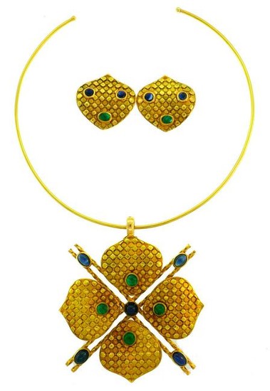 Emerald Sapphire Gold NECKLACE and EARRINGS Set French