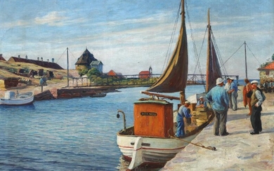 SOLD. Emil Krause: Harbour scene from Christiansø. Signed E.K. Oil on canvas. 80 x 111...