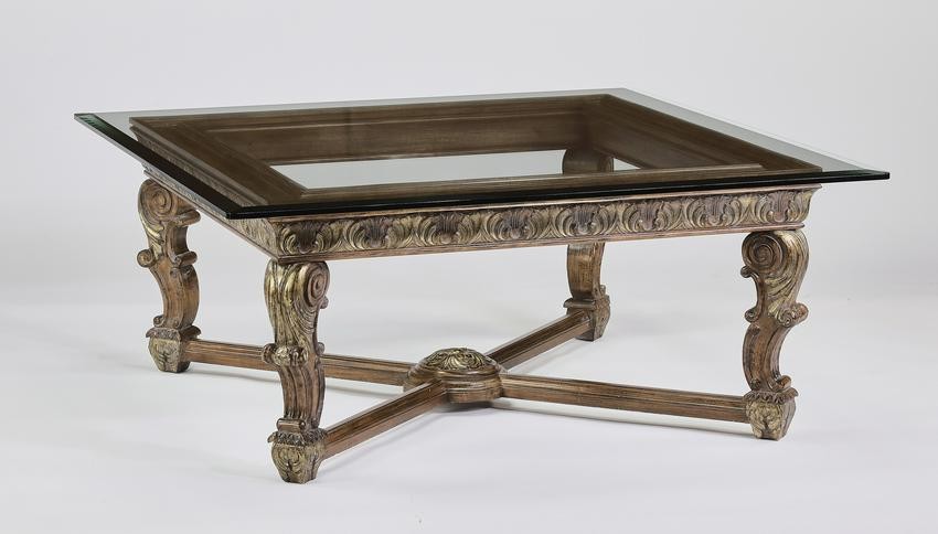 Empire style carved coffee table w/ beveled glass