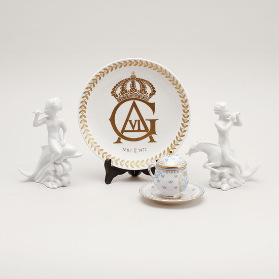 FIGURINES, 2 pcs, DISH, and CREAM CUP with DISH, porcelain, Rörstrand.
