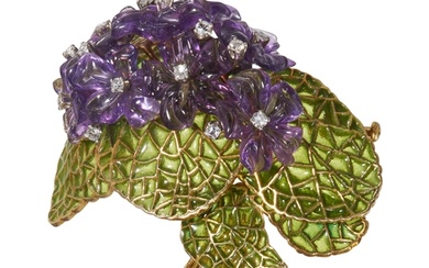 FINE CARVED AMETHYST, DIAMOND AND PLIQUE-A-JOUR FLORAL BROOC...