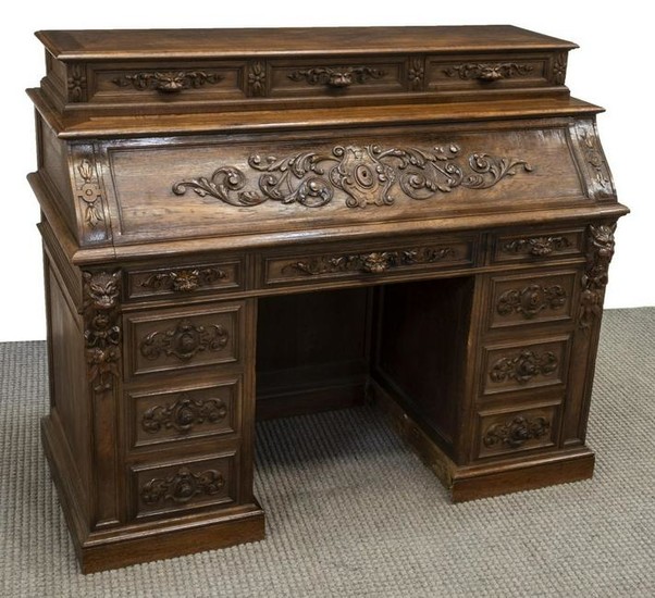 FRENCH HENRI II STYLE CARVED OAK FALL FRONT DESK