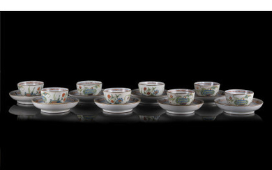Ferniani manufacture, Faenza, 18th century. Group of eight cups with saucers (defects)