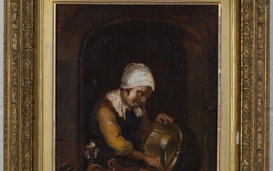 Follower of Godfried von Schalken - Woman cleaning a Pan, oil on panel, inscribed 'G. Schalken