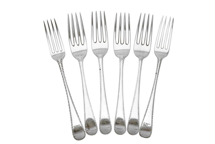 Four George III silver Old English and feather edge pattern dessert forks by Charles Hougham