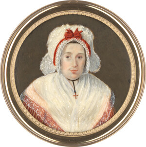 Französisch – um 1790. Miniatur Portrait einer Frau mit roter Schleife in ihrer weißen Haube, plus Beigabe: Mann