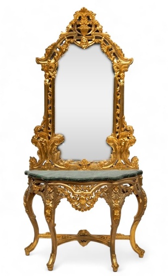 French Louis XV Style Carved Giltwood Marble Top Console And Mirror, Ca. 20th C., H 91.5" W 48"
