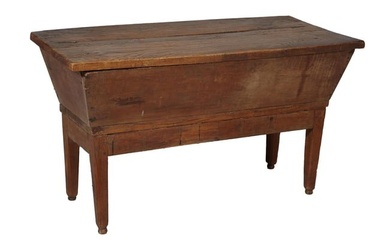 French Provincial Dough Box, 19th c., the hinged top over the tapered dough box, on tapered legs