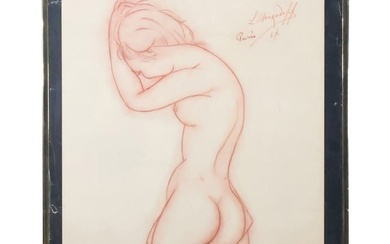 French School Conte Drawing of a Standing Nude, L. Mouradoff, Dated 1967, Paris
