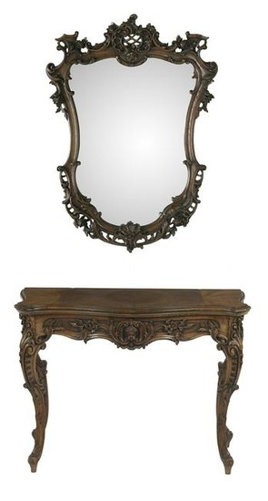 French-Style Walnut Console Table and Mirror