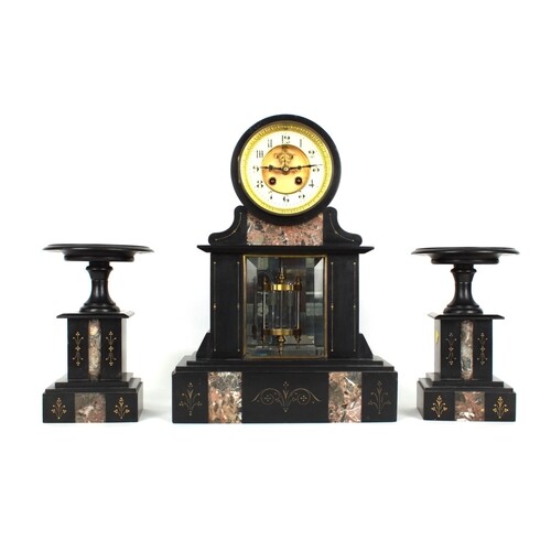 French black slate and red marble two train drumhead mantel ...