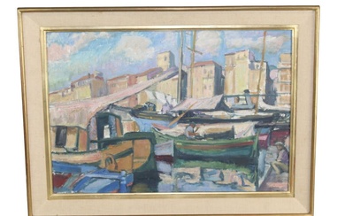 French oil on canvas painting harbor scene
