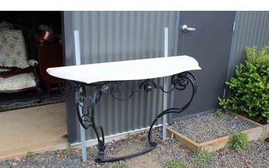 French wrought iron support, marble topped console table, ap...