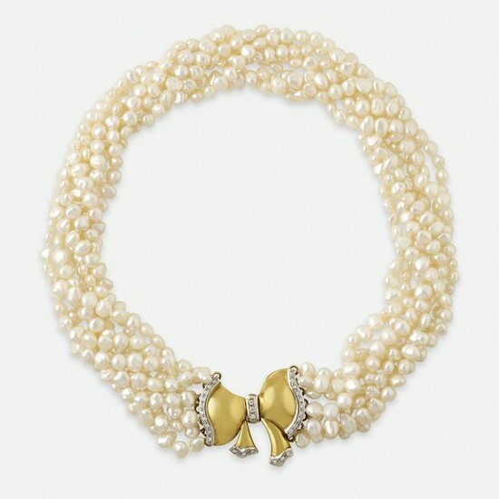 Freshwater cultured pearl and diamond bow necklace