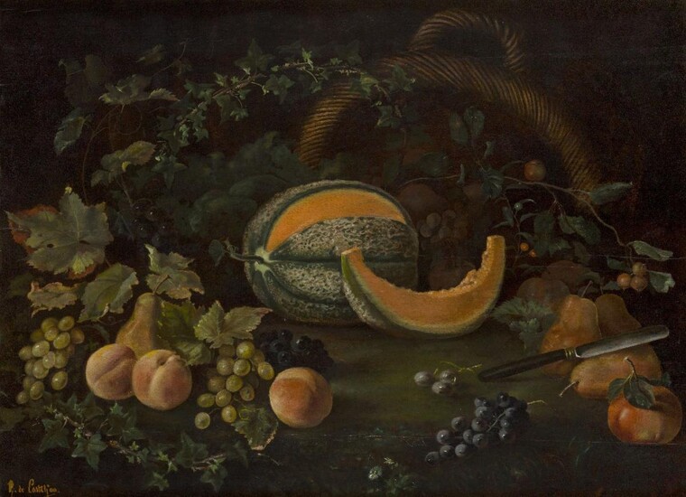 G. de Casteljau, French, late 19th century- Still life of melon, pears, peaches, and grapes; oil on panel, signed 'G. de Casteljau.' (lower left), 69.5 x 94 cm. Provenance: Private Collection. Note: Presumably painted around the turn of the...