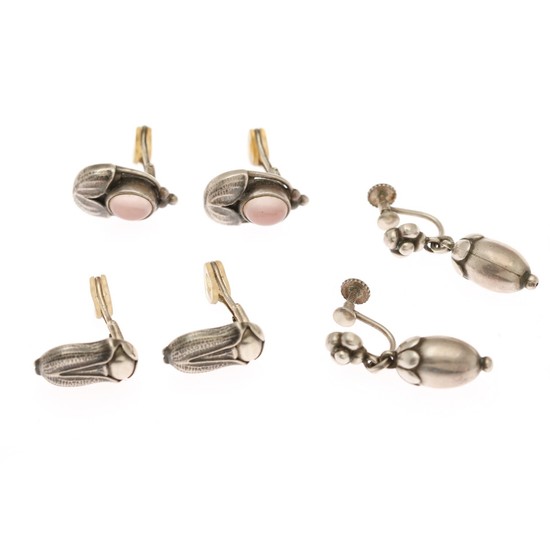 Georg Jensen: Three pair of sterling silver ear clips/screws comprising Heritage ear clips from 2003 and 2007 and a pair of ear screws. Georg Jensen after 1945
