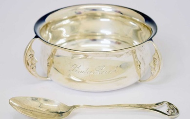 George VI silver christening set decorated with The Man in the Moon