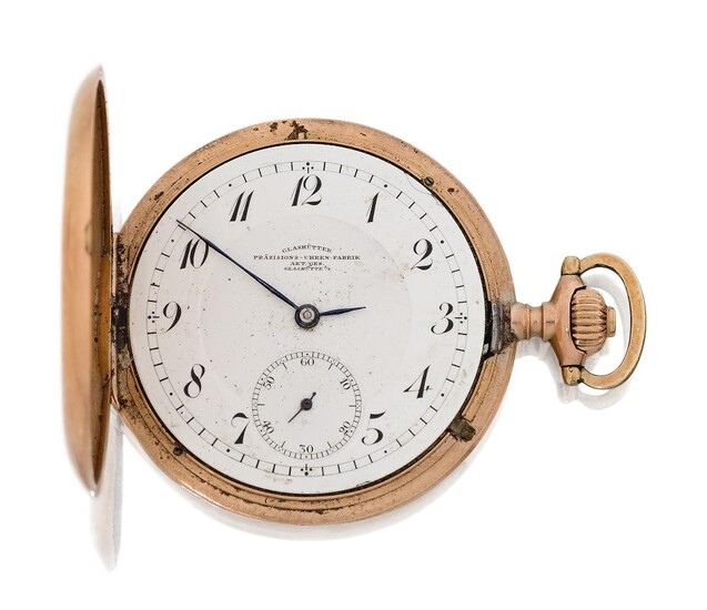 Glashutter, Prazisions Uran Fabrik. A late 19th century 14ct gold keyless lever hunter pocket watch, Circa 1890 the white enamel dial with Arabic numerals and subsidiary dial for constant seconds, signed Glashutter, Prazisions Uran Fabrik, Art Ges...