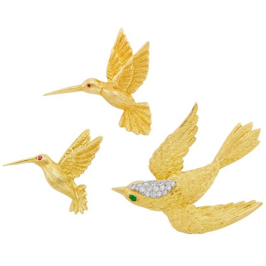Gold and Diamond Bird Brooch and Pair of Hummingbird Pins