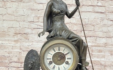 Greek Roman Goddess Athena Minerva Figural Antique Style Bronze Metal Clock Sculpture