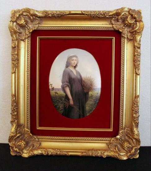 Hand Painted Kpm Porcelain Plaque Of Ruth Holding Leaf