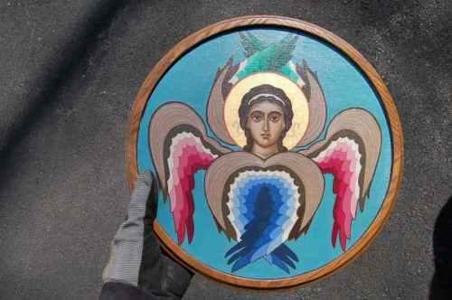 Icon (Hand Painted) on Oak wood + "Angel" + chalice +