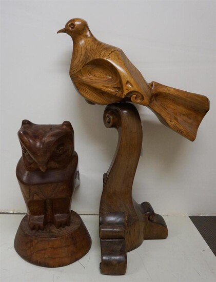 Indo-Chinese Carved Wood Figure of Perched Bird, Signed M. Perbia(?), 77 and an Owl, Height of Taller: 31 in