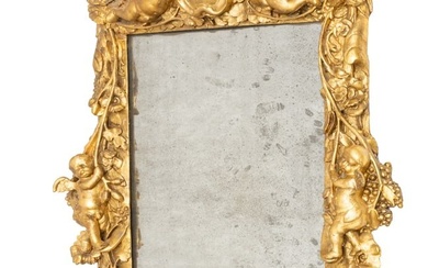 Italian Baroque Period Carved Wood And Gesso Wall Mirror 18th C., H 46" W 34" Depth 5.5"