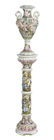 Italian Capodimonte Molded Pottery Urn & Pedestal