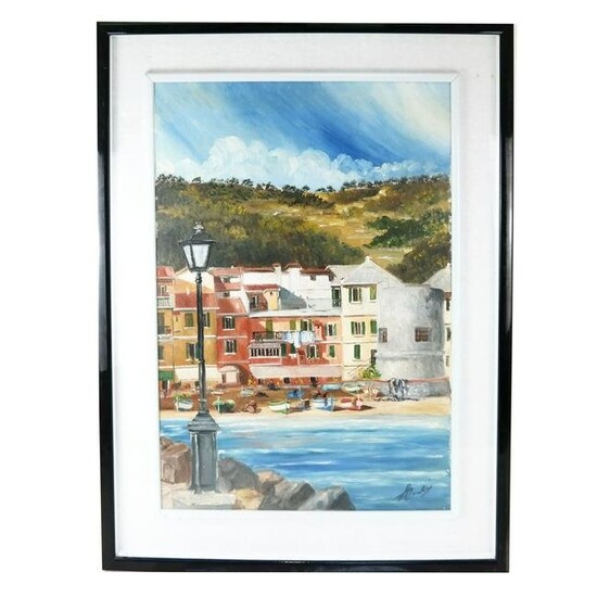 Italian School: Coastal Town Scene - Oil Painting