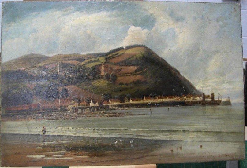 J G SNAPE 1893 oil on canvas "Panoramic view of coastal tow...