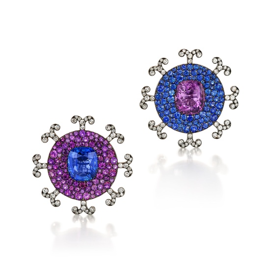 JAR Pair of Sapphire, Amethyst and Diamond Ear Clips | JAR | 天然 「斯里蘭卡」未經加熱 藍寶石 及 紫水晶 配 鑽石 耳夾一對