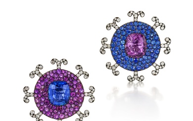 JAR Pair of Sapphire, Amethyst and Diamond Ear Clips | JAR | 天然 「斯里蘭卡」未經加熱 藍寶石 及 紫水晶 配 鑽石 耳夾一對