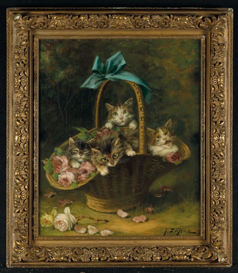 JULES LE ROY (PARIS 1856-1921), Quatre chatons dans un panier de roses