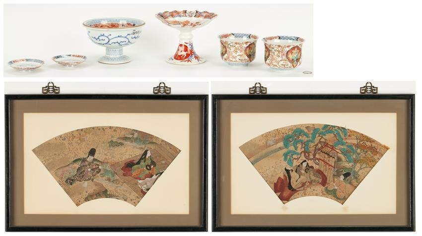 Japanese Porcelain & Fan Paintings, 6 Items