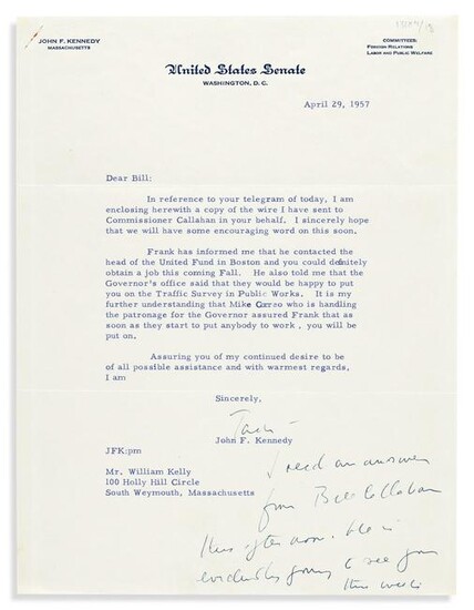 KENNEDY, JOHN F. Typed Letter Signed, "Jack," as