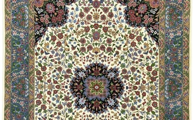 Kirman Oriental Rug Home Foyer 5X7 Cream & Blue Floral Hand-Knotted Wool Carpet