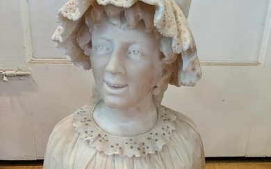 Large Carved Marble Bust of Woman w/ Lace Collar & Hat
