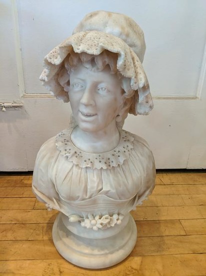 Large Carved Marble Bust of Woman w/ Lace Collar & Hat
