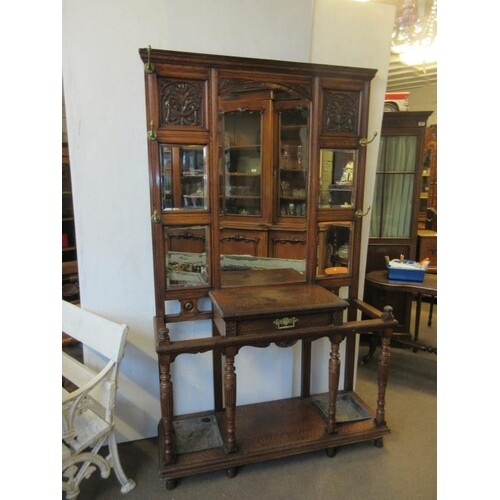 Large antique carved oak mirror back hall stand. H. 210cm,...
