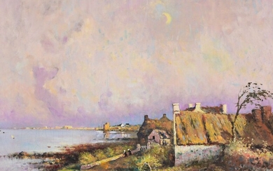 Léon DUVAL-GOZLAN (1853-1941) "Chaumières bretonnes en bord de mer" hst sbg 50x61
