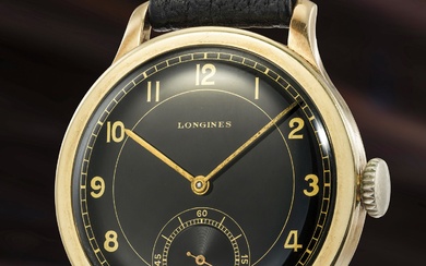 Longines, An exquisite, large and enormously charming 14K yellow gold wristwatch with black glossy dial