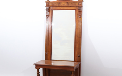 MIRROR WITH CONSOLE TABLE. Walnut and walnut root. Neo-Renaissance, late 19th century.